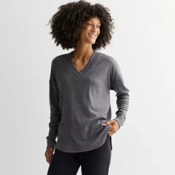 Women's Tek Gear® Rib V-Neck Tunic Top -Tek Gear Shop 7593343 Charcoal Gray