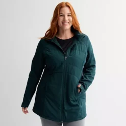 Plus Size Tek Gear® Hooded Mixed Media Long Jacket -Tek Gear Shop 7711966 Eternity Green
