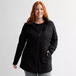 Plus Size Tek Gear® Hooded Mixed Media Long Jacket -Tek Gear Shop 7711966 Mineral Black